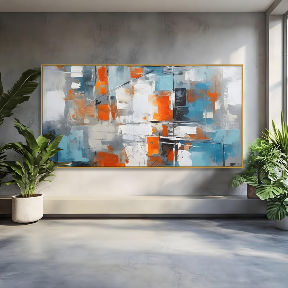 Tablou canvas cu pictura abstracta cu blocuri portocalii si albastre, in rama de aluminiu auriu